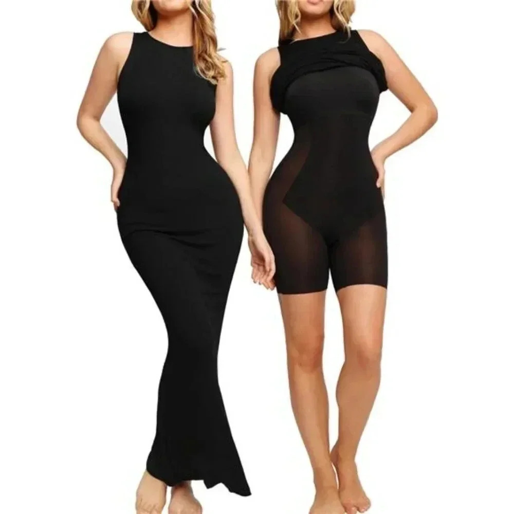 Shaper Dress Bodycon Built-in Shapewear Bra 9 in 1 Crew Neck Sleeveless Maxi